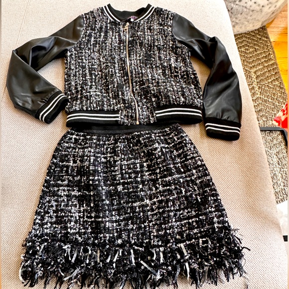 Hannah Banana Tweed, vegan leather skirt & jacket set- sz10 - Picture 1 of 3